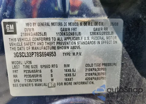 2008 Saturn Vue Xe z USA, uszkodzony, nr VIN 3GSCL33P78S694953